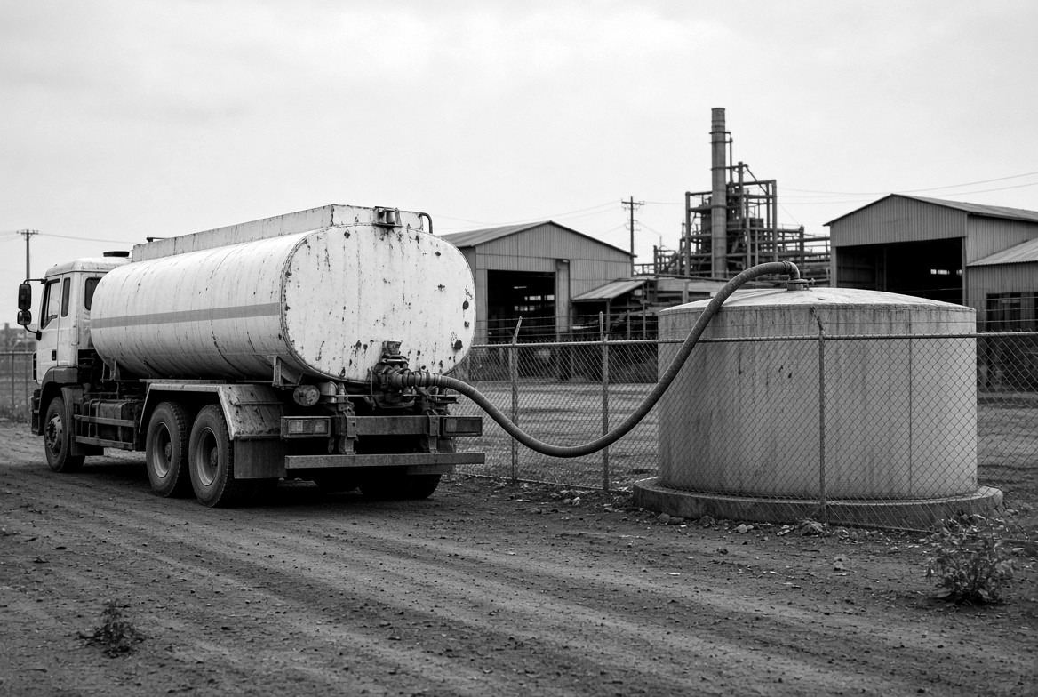 A road tanker parked on a dirt yard, with a hose running from it to a cylindrical storage tank.