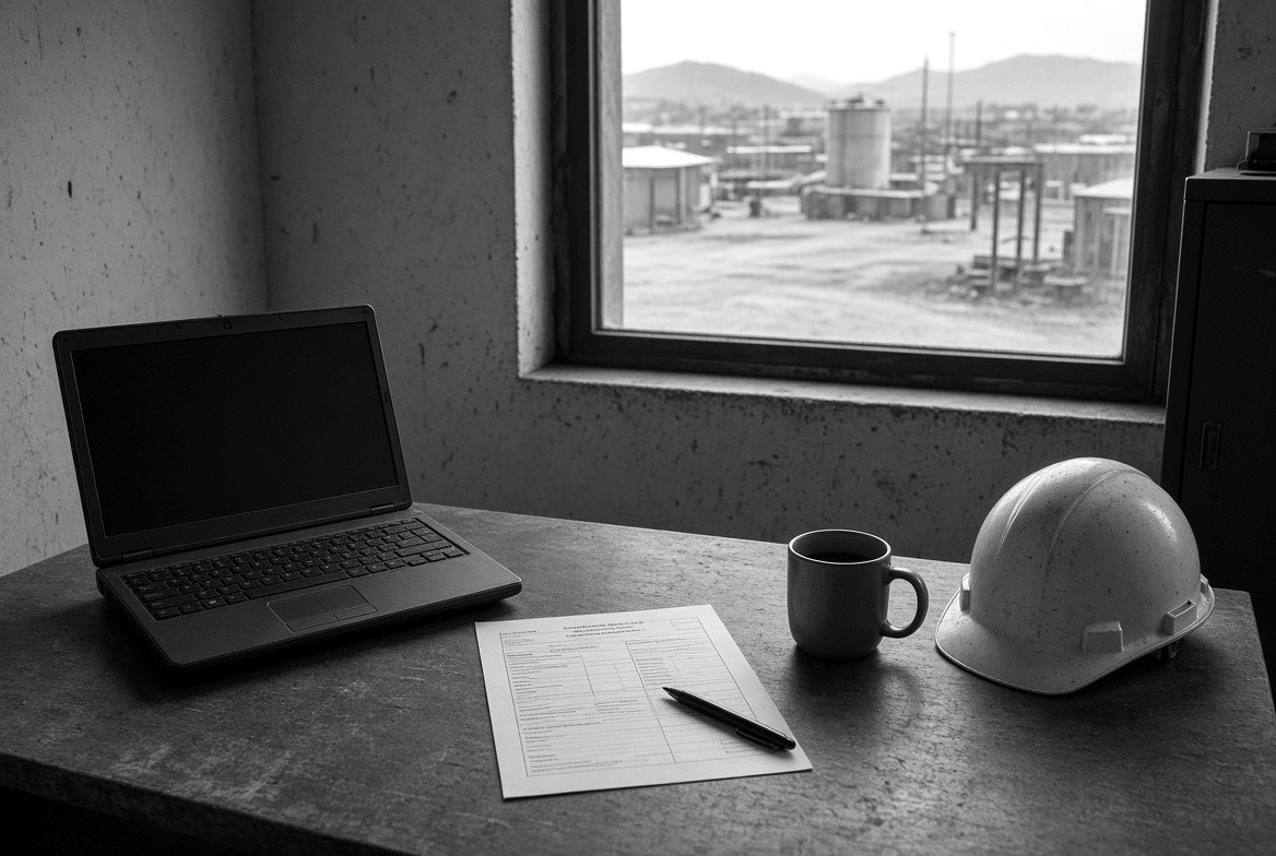 A desk with a laptop, a printed form, a pen and a hard hat, with a tank yard visible through the window.
