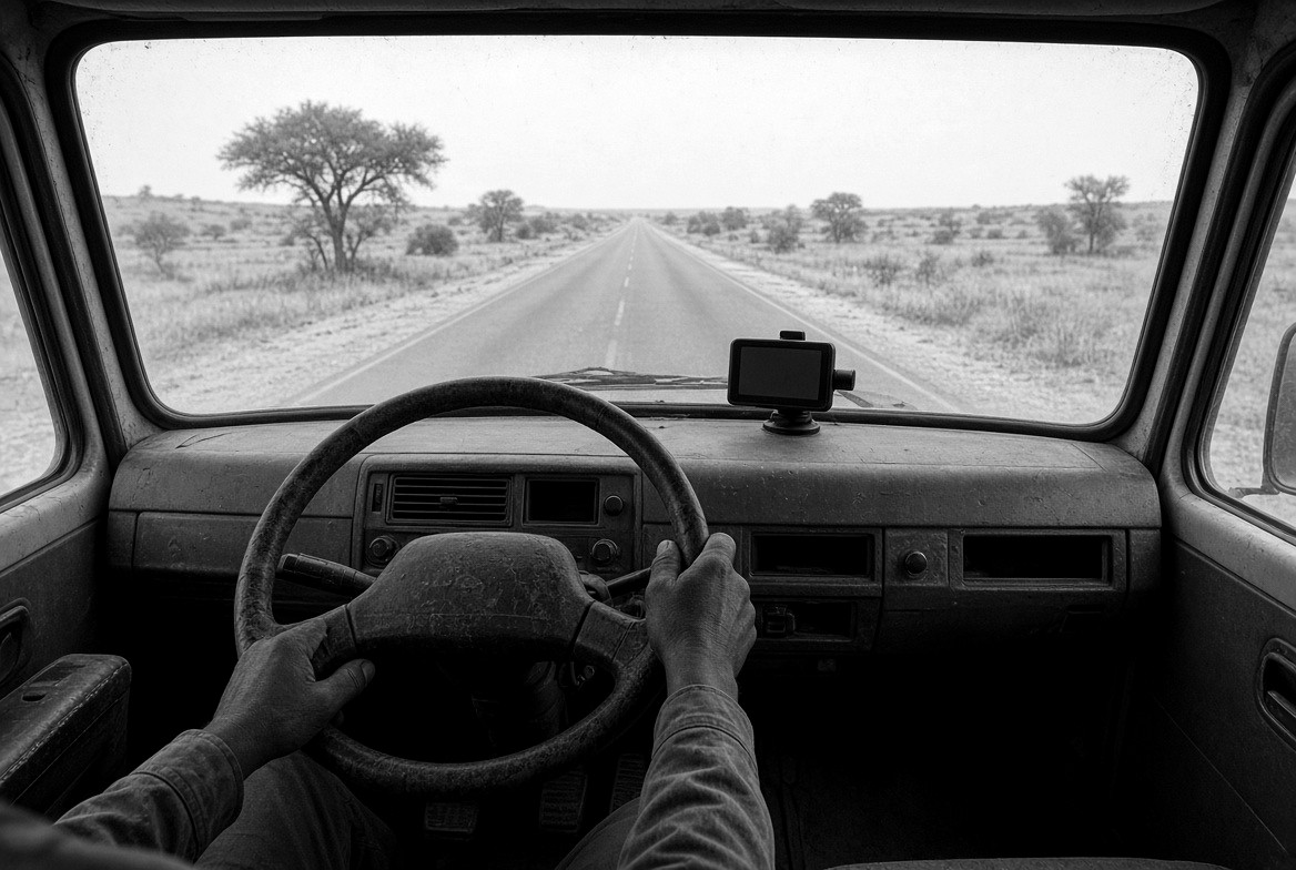 View from a truck cab: a driver’s hands on the steering wheel, a navigation unit on the dashboard and an empty road ahead.