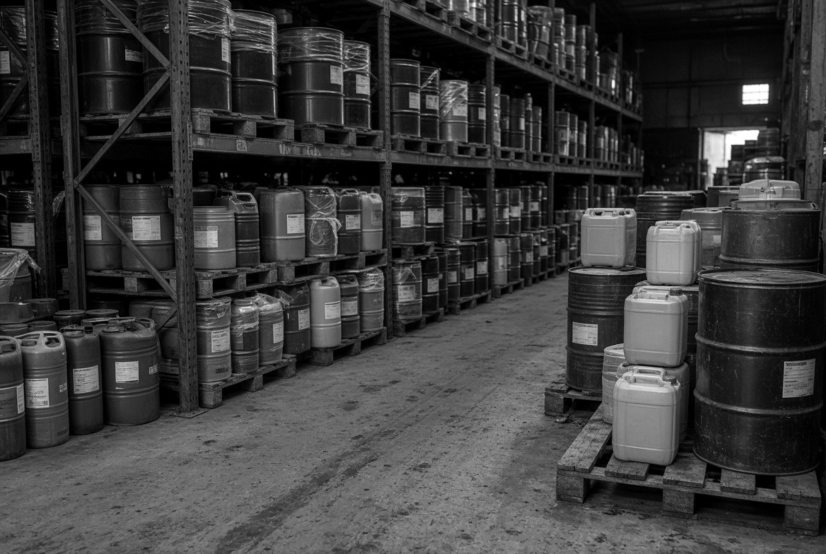 Steel drums and plastic jerrycans stacked on warehouse racking.