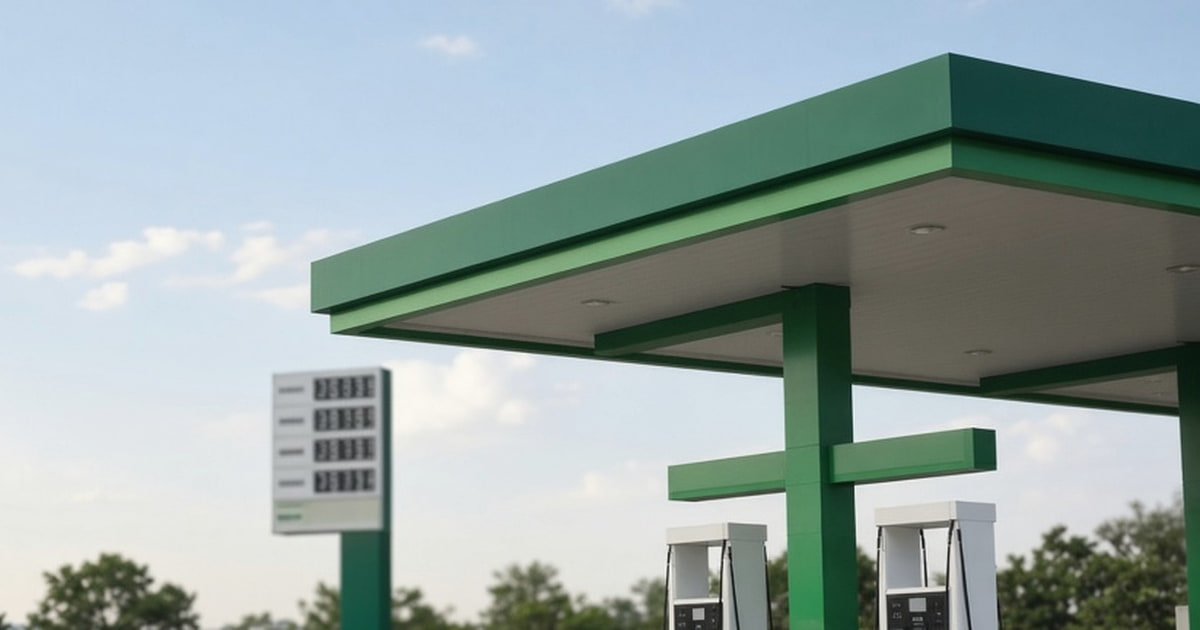 A fuel station canopy and pumps beside a price board
