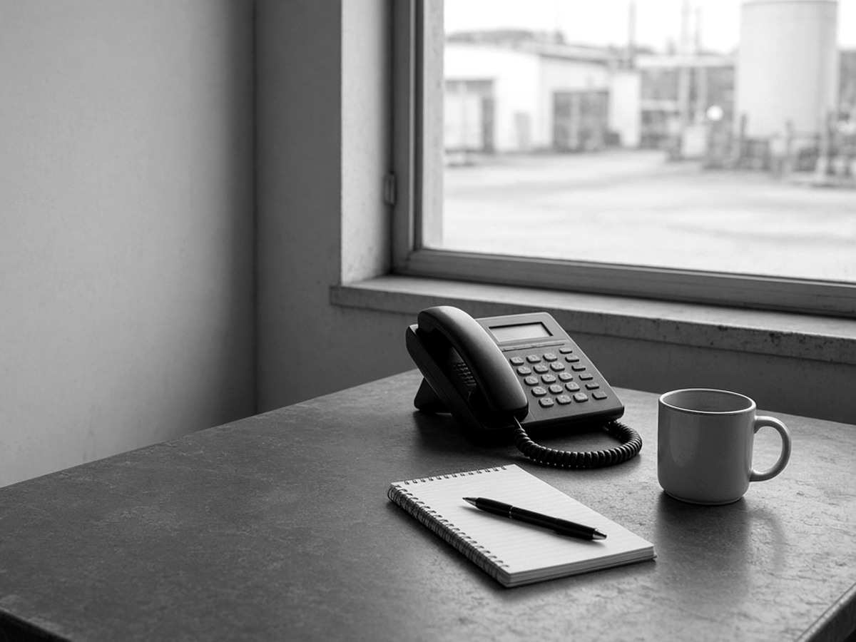 A desk beside a window with a telephone, a spiral notepad, a pen and a mug.