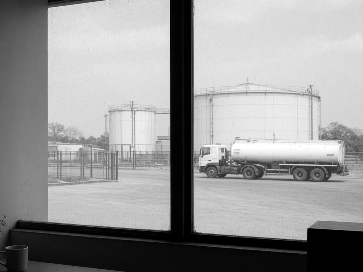 A view through an office window of storage tanks and a parked road tanker on a yard.