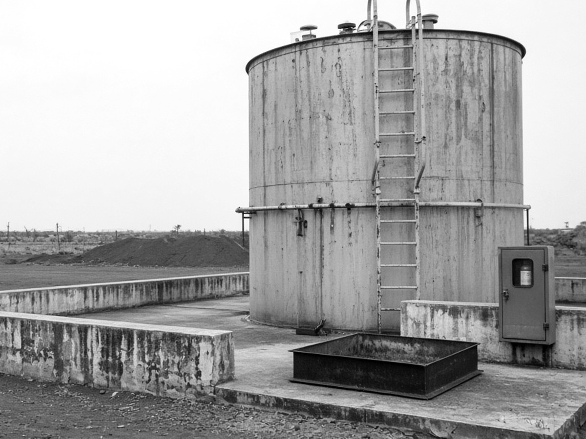 A cylindrical storage tank standing inside a low concrete containment wall, with an access ladder and a steel drip tray.