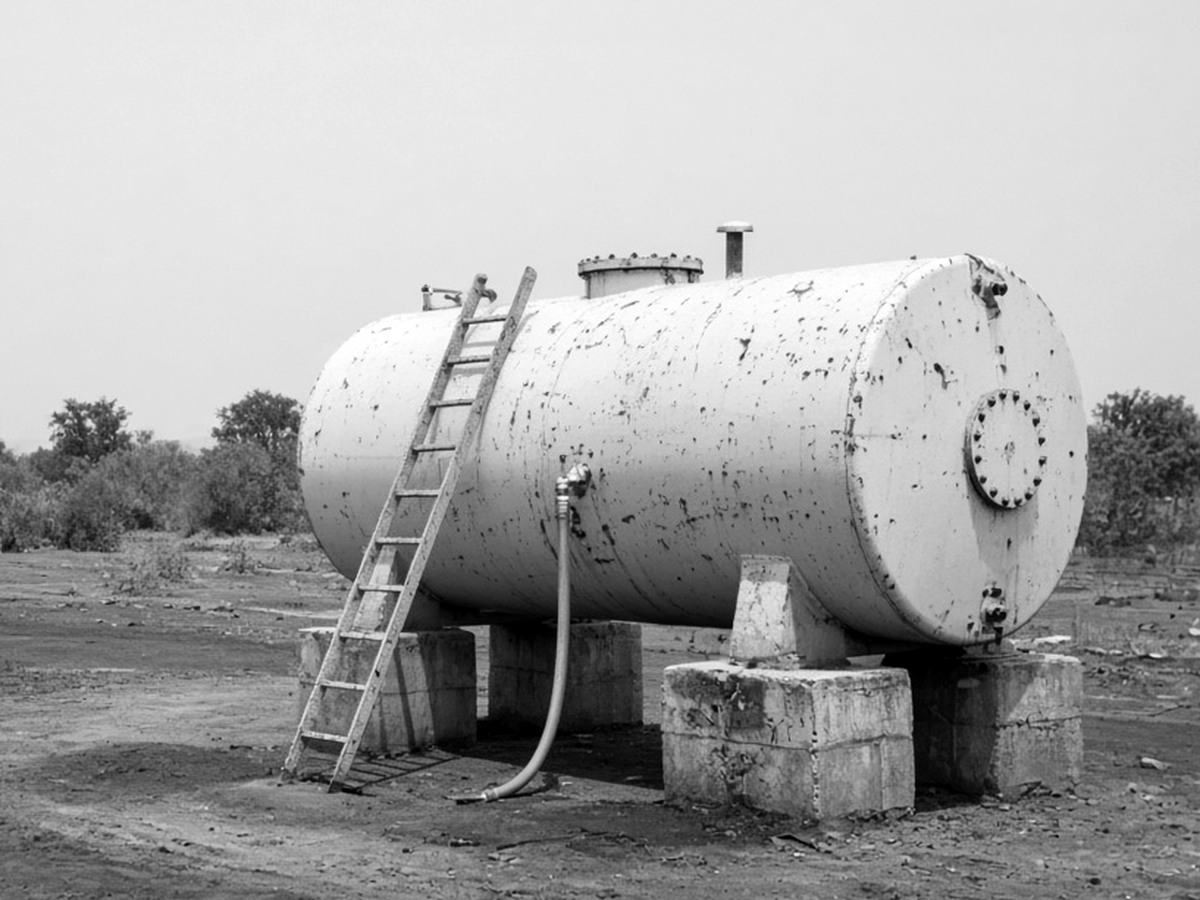 A horizontal cylindrical tank resting on concrete plinths, with a ladder leaning against it and a hose connected at its base.